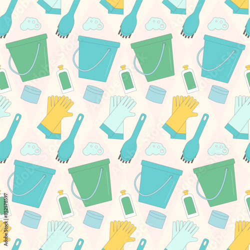 Cleaning seamless pattern. Supplies for clean house repeat background. Cleanup service cover with bucket, gloves, brushes and soap. Vector outline flat illustration.