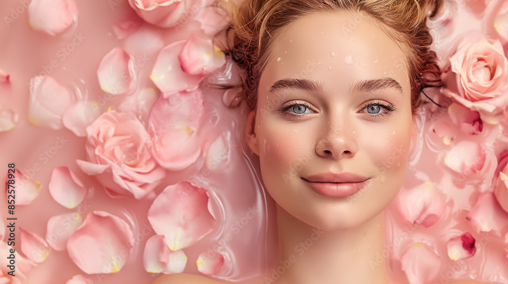 バラと女性の入浴イメージ(入浴剤・スキンケア・ボディケア・ヘアケア A woman taking a bath in roses バラと女性の入浴イメージ(入浴剤・スキンケア・ボディケア・ヘアケア A woman taking a bath in roses