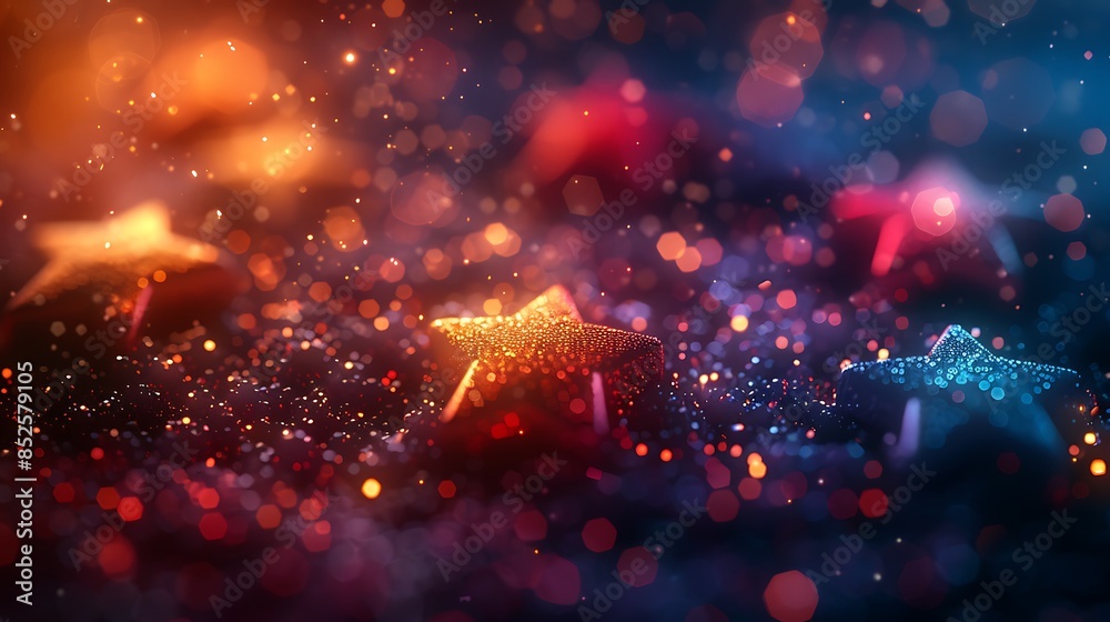 Abstract star patterns with bokeh lights, evoking a festive holiday theme. The scene features vibrant colors and soft glowing lights, creating a magical and joyful atmosphere. Abstract star patterns with bokeh lights, evoking a festive holiday theme. The scene features vibrant colors and soft glowing lights, creating a magical and joyful atmosphere.