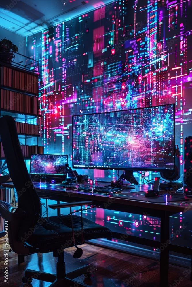 Obraz premium Futuristic 3D holographic code projection hovering over a sleek modern desk