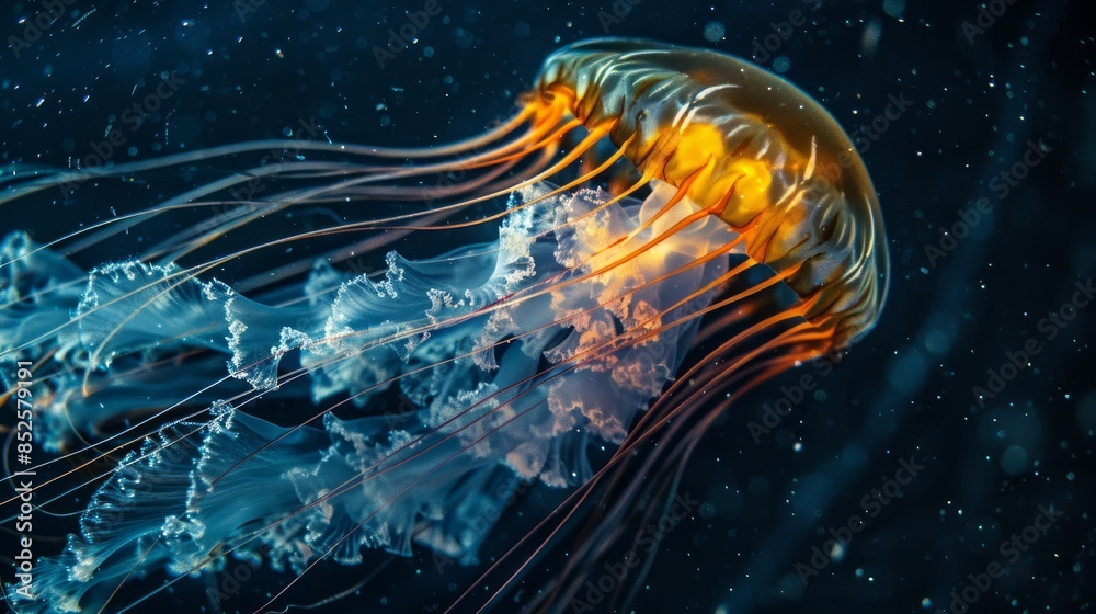 Capturing the intricate details of a jellyfish drifting through the water with bioluminescent trails. Capturing the intricate details of a jellyfish drifting through the water with bioluminescent trails.