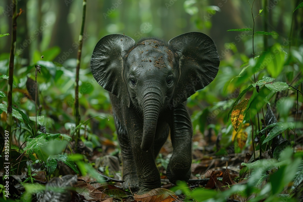 Fototapeta premium A Borneo pygmy elephant walking through a dense rainforest, its small stature and long trunk used to grasp branches.