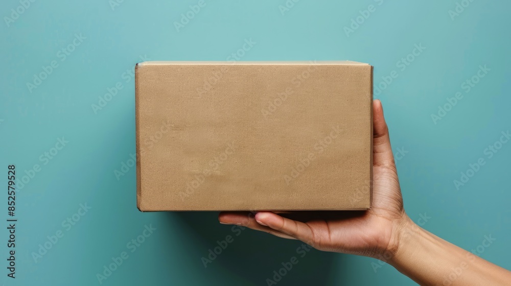 Fototapeta premium Hand Holding a Cardboard Box Against a Blue Background