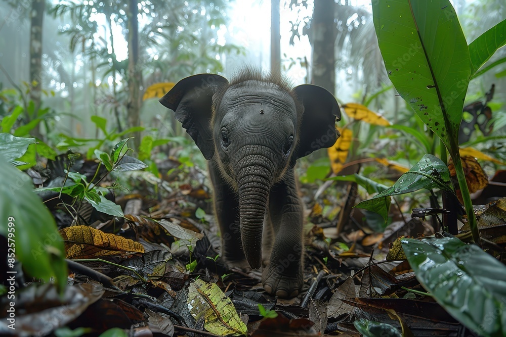 A Borneo pygmy elephant walking through a dense rainforest, its small stature and long trunk used to grasp branches. A Borneo pygmy elephant walking through a dense rainforest, its small stature and long trunk used to grasp branches.
