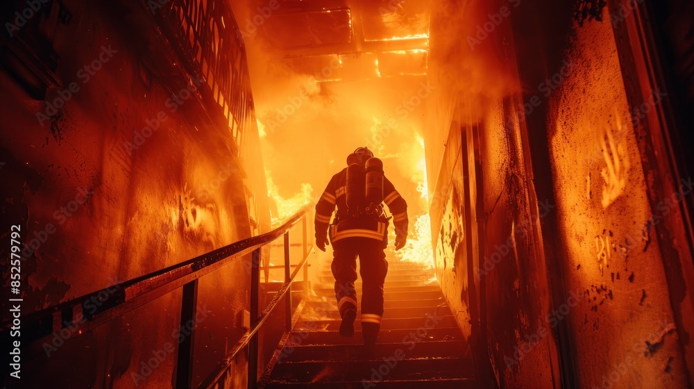 Fototapeta premium A brave firefighter in protective gear is running up the stairs of a burning building, The stairs are covered with flames and smoke. fire safety concept.