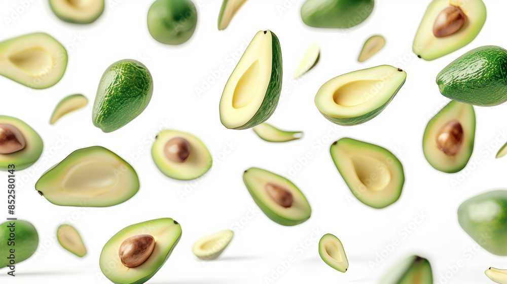 Avocados Floating in the Central Air, 3D Rendered, on White Background Avocados Floating in the Central Air, 3D Rendered, on White Background