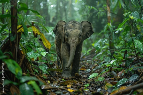 A Borneo pygmy elephant walking through a dense rainforest, its small stature and long trunk used to grasp branches.