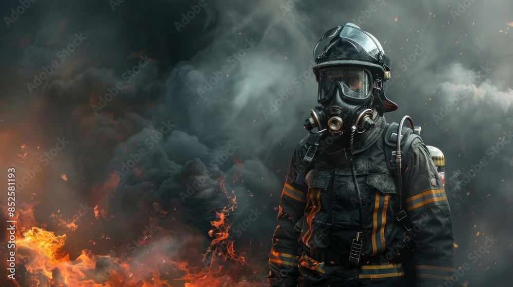 A Firefighter dressed in a uniform full gear, standing against the backdrop of smoke and flames. in a studio. fire safety concept. A Firefighter dressed in a uniform full gear, standing against the backdrop of smoke and flames. in a studio. fire safety concept.
