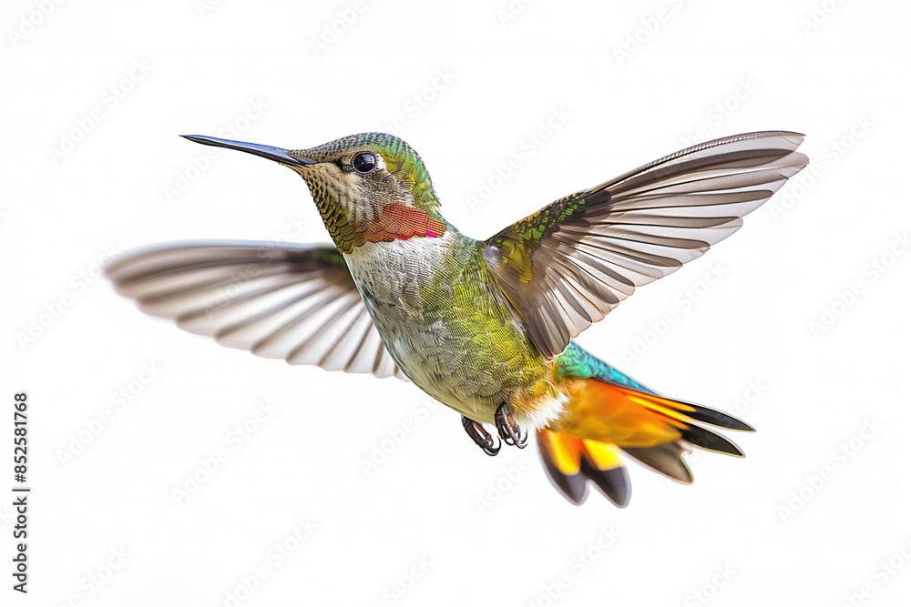 Fototapeta premium Hummingbird in flight against white background, showcasing its vibrant iridescent feathers and rapid wing movement.