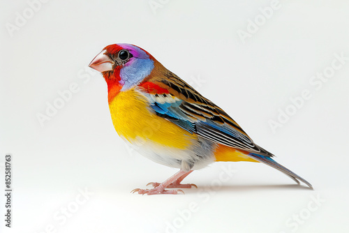Gouldian Finch perched on white background, displaying its vibrant multicolored plumage and striking red head.