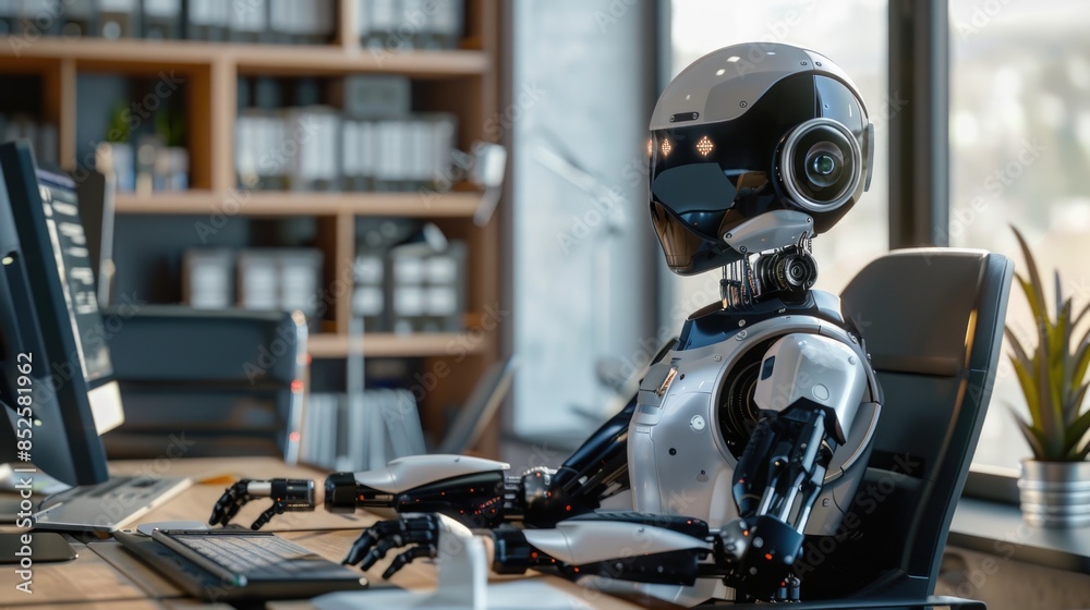 Fototapeta premium A person sits in front of a computer monitor, focused on their task
