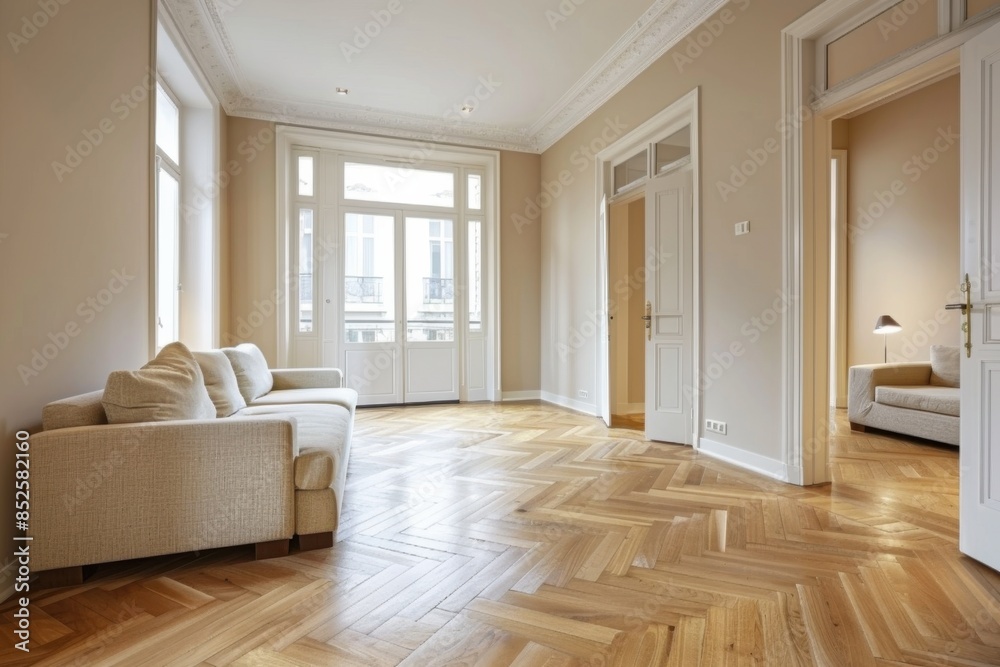 Obraz premium Hardwood Floor. Interior Living Room with Sofa and Minimalist Cushions
