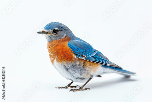 Eastern Bluebird standing on white background, showcasing vibrant blue and orange plumage with detailed markings. © NaphakStudio