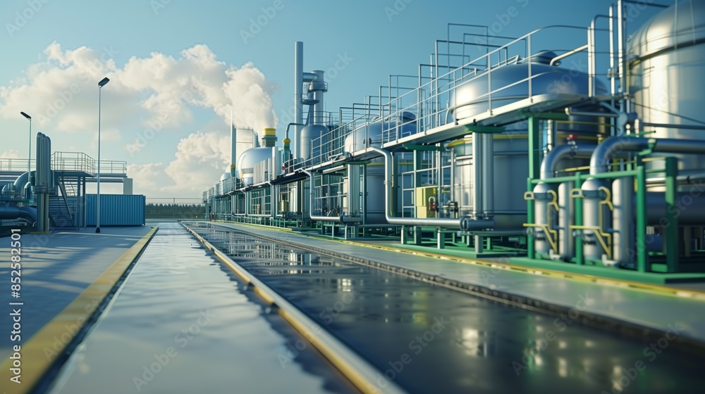 Fototapeta premium An industrial plant with several pipes releasing smoke into the air