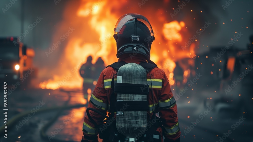 A fireman in protective gear standing facing a huge fire