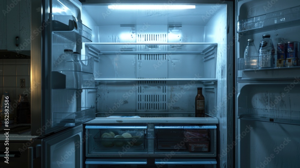 Open fridge filled with various food and drinks Open fridge filled with various food and drinks