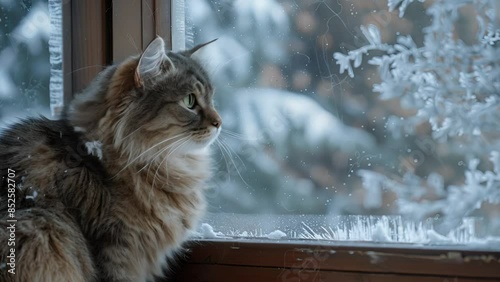 Cozy cat gazes out at winter's chill photo