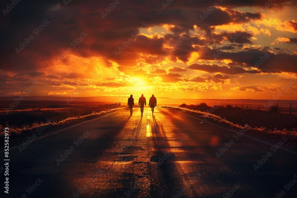 Couple strolling along a rural road as the sun sets in the background, good for use in travel or lifestyle context Couple strolling along a rural road as the sun sets in the background, good for use in travel or lifestyle context