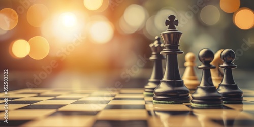 A focused shot capturing the details of chess pieces strategically placed on a chessboard with a blurred bokeh background