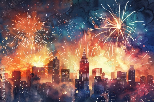 Fireworks exploding in the night sky above a city, with tall buildings and streets below © Ева Поликарпова