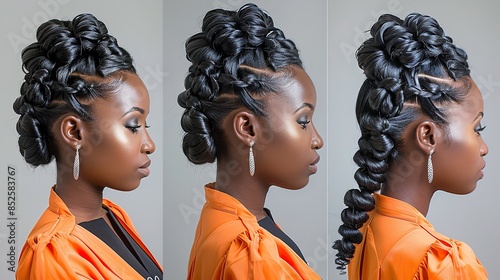 A woman with dark skin and a large, elaborate braided hairstyle wears an orange shirt and earrings photo