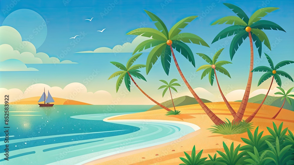 Obraz premium Tropical Beach with Palm Trees and Sailboat