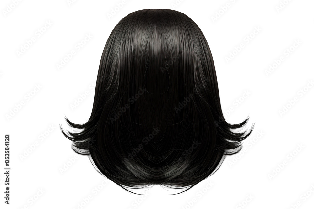 Naklejka premium A Smooth, Silky Black Wig With Layered Ends Isolated on White Background on a Clear PNG or White Background.