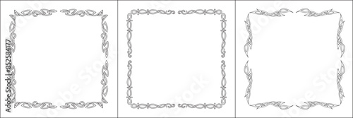 Elegant black and white frame with Scandinavian ornament, decorative border, corners for greeting cards, banners, business cards, invitations, menus. Isolated vector illustration.	