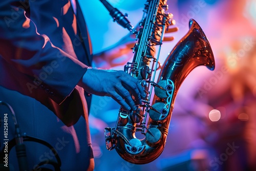 Jazz musician is playing the saxophone live on stage with blue and purple lighting photo