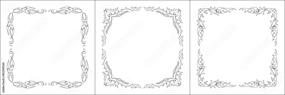 Set of three vector frames. Elegant black and white monochrome ornamental border for greeting cards, banners, invitations. Vector frame for all sizes and formats. Isolated vector illustration.
Set of three vector frames. Elegant black and white monochrome ornamental border for greeting cards, banners, invitations. Vector frame for all sizes and formats. Isolated vector illustration.