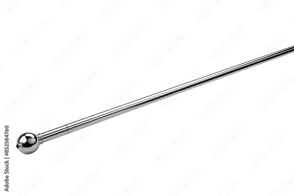 A Gleaming Chrome Curtain Rod With a Rounded Finial on a Clear PNG or White Background. A Gleaming Chrome Curtain Rod With a Rounded Finial on a Clear PNG or White Background.
