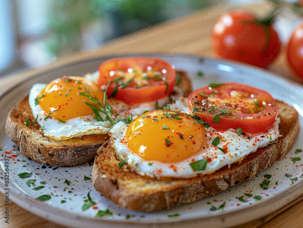 A plate of eggs and toast with tomatoes and a glass of orange juice A plate of eggs and toast with tomatoes and a glass of orange juice