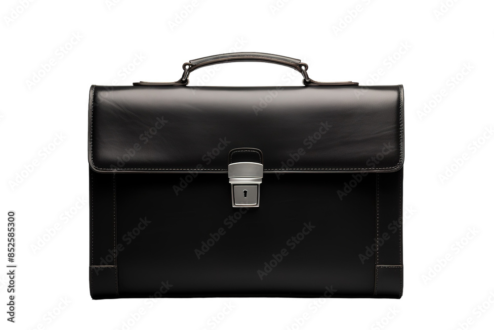 A Classic Black Leather Briefcase With a Silver Lock on a Clear PNG or White Background. A Classic Black Leather Briefcase With a Silver Lock on a Clear PNG or White Background.