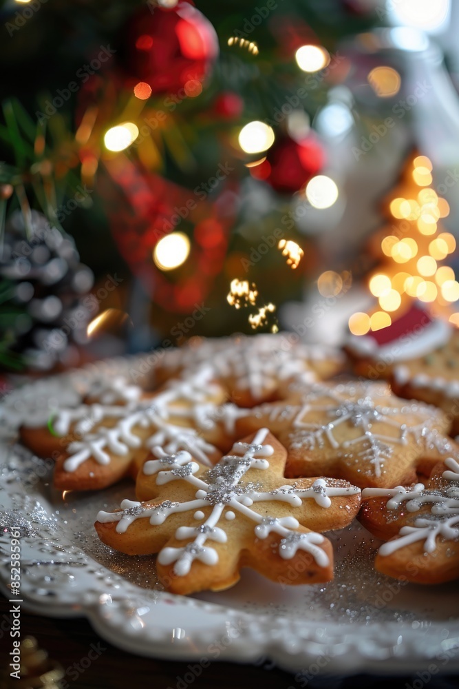 A close-up of a white plate with iced cookies, perfect for bakery or dessert photography A close-up of a white plate with iced cookies, perfect for bakery or dessert photography