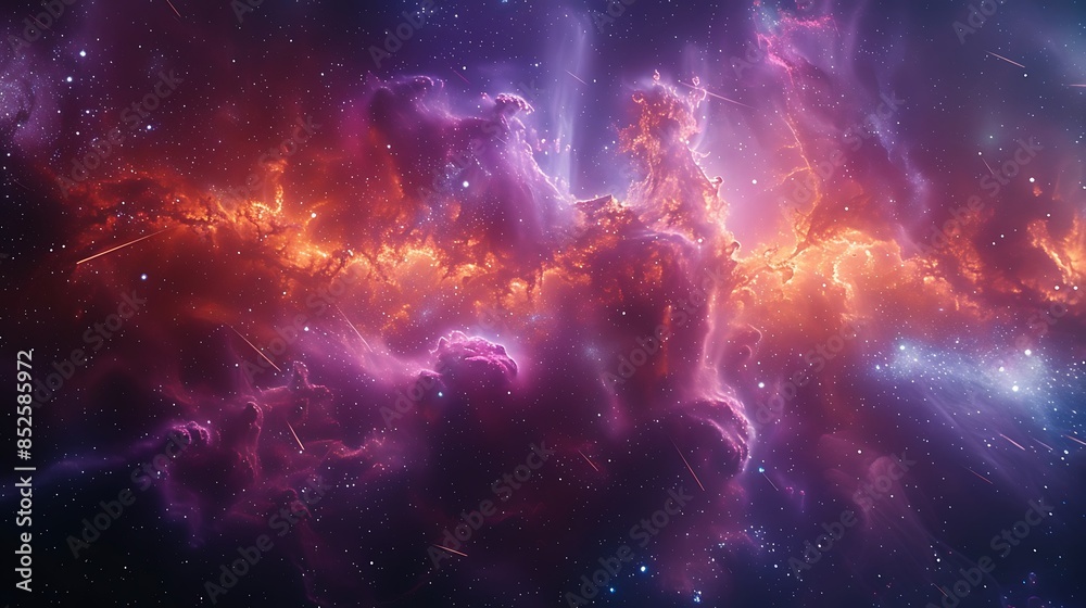 Obraz premium An abstract scene of animated shooting stars crossing a galactic outer space background. The vibrant colors of nebulas and distant galaxies create a stunning cosmic backdrop