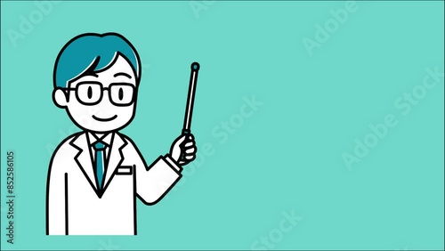 指示棒を持ち口パクで説明する白衣の男性医師