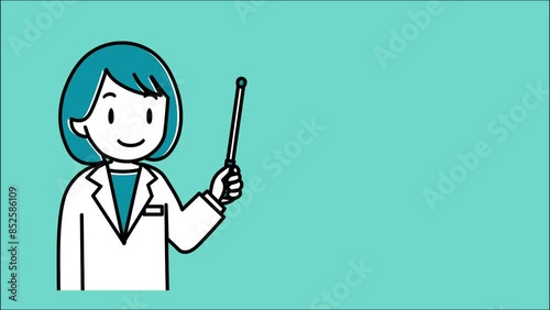 指示棒を持ち口パクで説明する白衣の女性医師