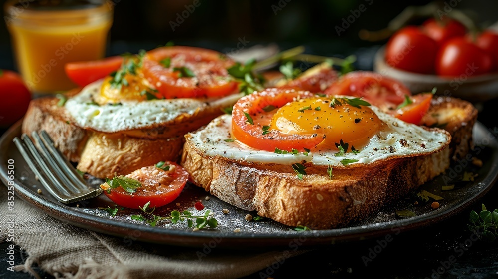A plate of eggs and toast with tomatoes and a glass of orange juice A plate of eggs and toast with tomatoes and a glass of orange juice