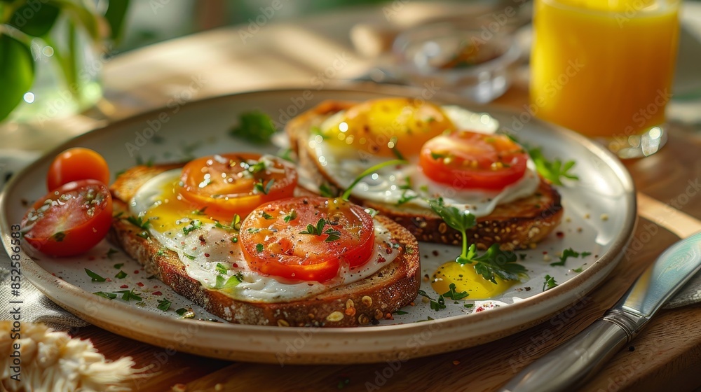A plate of eggs and toast with tomatoes and a glass of orange juice A plate of eggs and toast with tomatoes and a glass of orange juice