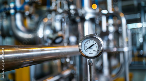 A close-up of a silver temperature gauge mounted on a pipe in a busy industrial facility
