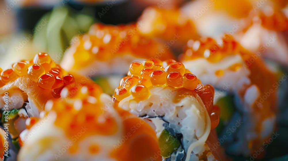 Close up of multiple sushi rolls with wasabi and ginger on the side. Close up of multiple sushi rolls with wasabi and ginger on the side.