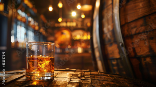 A glass of smoky whiskey served neat, with a wooden barrel and a dimly lit, rustic bar in the background