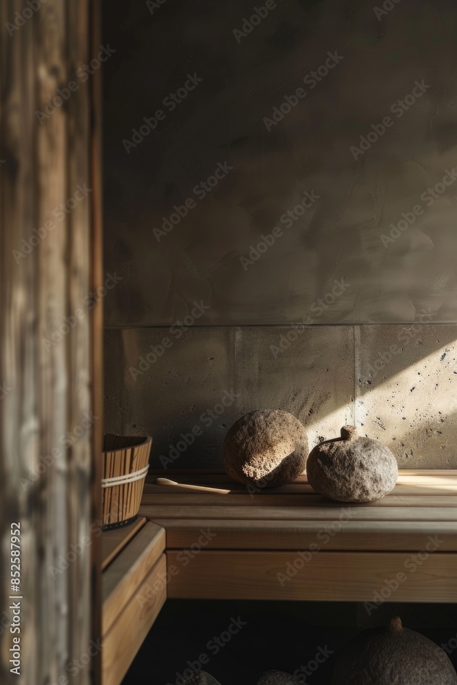 Obraz premium A simple composition featuring two rocks sitting on top of a wooden bench, great for adding texture and natural elements to your design
