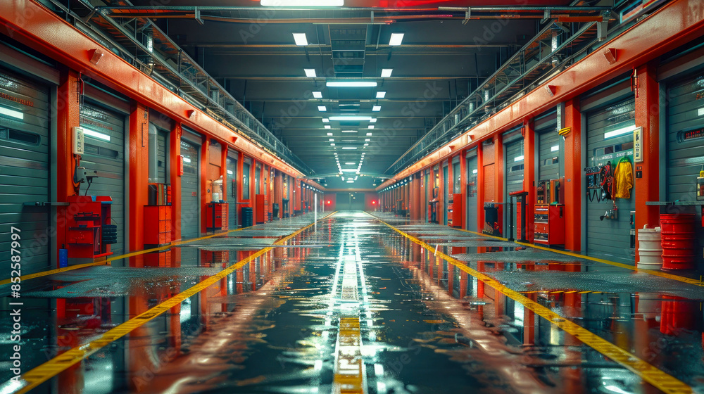 Fototapeta premium A modern, well-lit warehouse interior with high shelves and yellow floor markings
