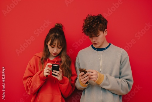 Portrait of the Young Couple with Mobile Phones Chattin, Young Couple Chatting on Mobile Phones, A Modern Portrait of Digital Love, Portrait of a Young Couple Engaged in Mobile Phone Conversation, Emb photo