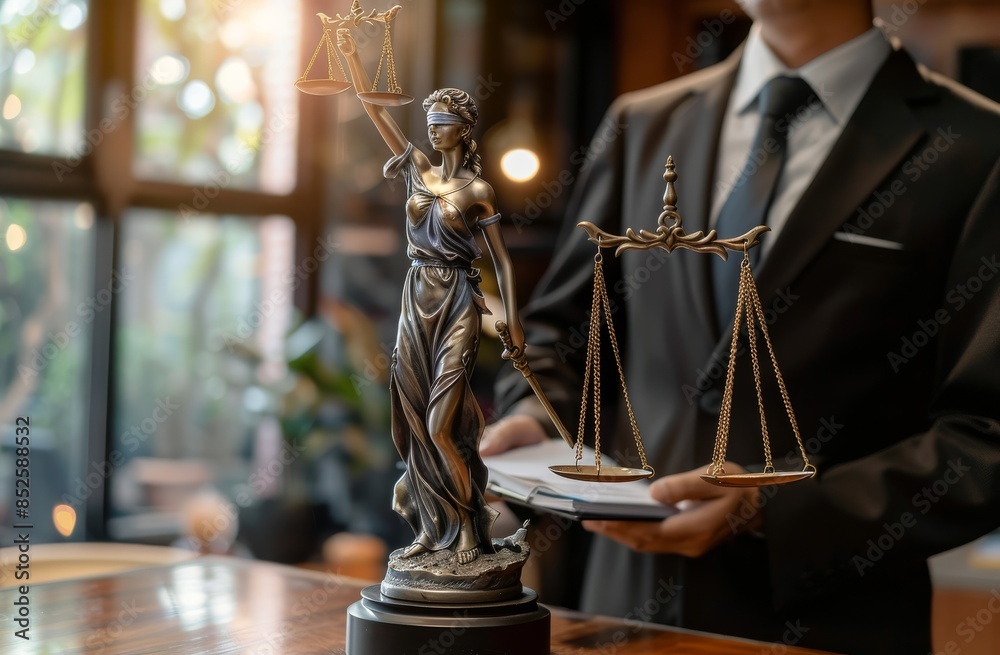 Lawyer is holding the scale of justice while taking notes at his desk Lawyer is holding the scale of justice while taking notes at his desk