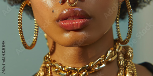 African young woman wearing maximalist jewelry, including chunky gold necklaces and large hoop earrings photo
