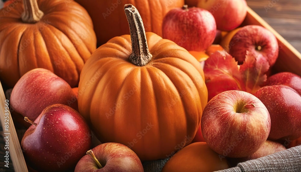 Autumn Harvest Display with Pumpkins and Apples Autumn Harvest Display with Pumpkins and Apples