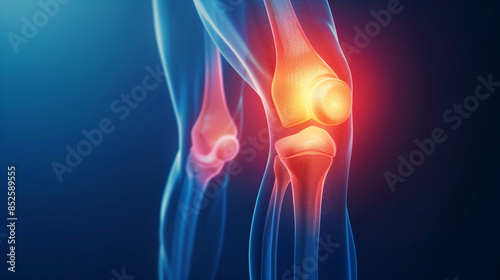 3D concept of painful knee. Knee with red pain medical concept.