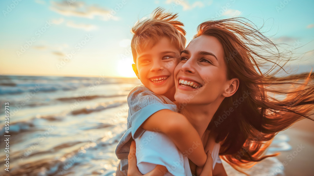 Beach Fun: Joyful Sunset Piggyback Ride with Mother and Son Beach Fun: Joyful Sunset Piggyback Ride with Mother and Son